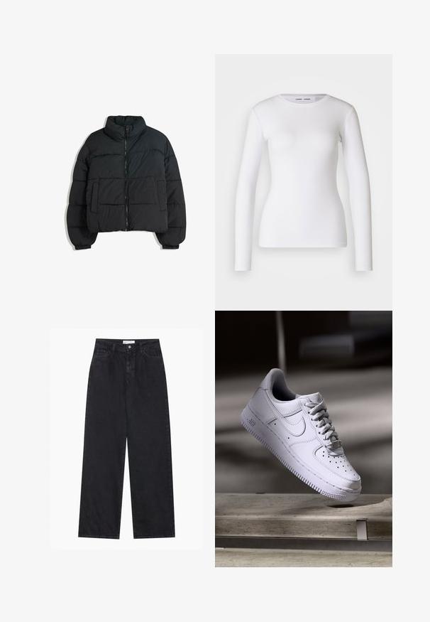 Schwarze Steppjacke mit hohem Kragen, gepolstertem Design, Reißverschluss vorne und zwei seitlichen Taschen. Verfügt über elastische Bündchen und ein leichtes Material.; Weißes Langarmhemd aus geripptem Stoff mit Rundhalsausschnitt und taillierter Form. Keine Muster oder Akzente sind vorhanden.; Schwarze hoch geschnittene, weit geschnittene Jeans aus Denim mit Vorderknopf- und Reißverschluss, Gürtelschlaufen und fünf Taschen.; Weißer Nike Air Force 1 Sneaker schwebt über einer Betonoberfläche mit Schatten in einem minimalistischen Umfeld.