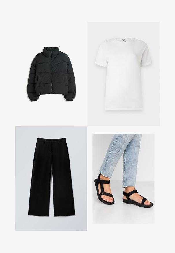 Schwarze Steppjacke mit hohem Kragen, gepolstertem Design, Reißverschluss vorne und zwei seitlichen Taschen. Verfügt über elastische Bündchen und ein leichtes Material.; Schlichtes weißes Kurzarm-T-Shirt aus Baumwolle mit rundem Ausschnitt, kleinem unauffälligem Logo in Brustnähe und einem Etikett am Kragen.; Schwarze, weit geschnittene Hosen mit Gürtelschlaufen, vorderem Reißverschluss und Seitentaschen, flach auf einer hellgrauen Oberfläche ausgelegt.; Schwarze Sandalen mit verstellbaren Riemen. Weiches, strukturiertes Material und eine geformte Fußbett. Kombiniert mit hellblauen, abgewetzten Jeans.
