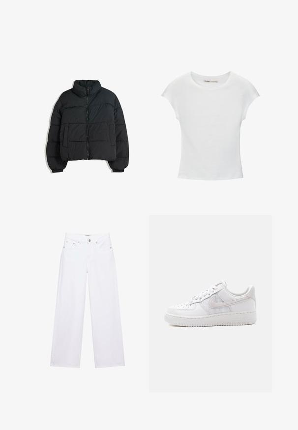 Schwarze Steppjacke mit hohem Kragen, gepolstertem Design, Reißverschluss vorne und zwei seitlichen Taschen. Verfügt über elastische Bündchen und ein leichtes Material.; Weißes Baumwoll-T-Shirt mit kurzen, aufgerollten Ärmeln, rundem Ausschnitt und geradem Saum. Glatte Textur ohne sichtbare Muster oder Akzente.; Weiße, hoch taillierte Jeans mit weitem Bein, Knopf- und Reißverschluss, Taschen vorne und hinten sowie silbernen Nieten.; Weißer Nike Air Force 1 Sneaker mit niedrigem Schaft, weißen Schnürsenkeln, Perforationen an der Zehenkappe und einem Mesh-Einsatz hinter dem Nike-Swoosh-Logo.