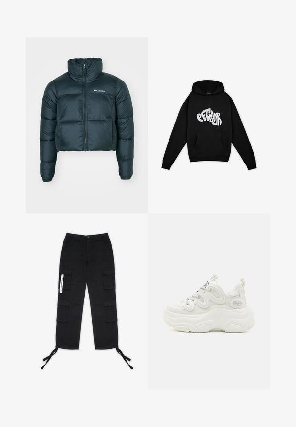 Veste matelassée courte, de couleur vert foncé, avec un col montant, une fermeture éclair complète et des poignets élastiques. Présente un logo sur la poitrine gauche et une texture matelassée.; Pegador PALUMA OVERSIZED HOODIE - Sweatshirt - black; Pegador TANAMI WIDE PANTS - Pantalon cargo - black; Baskets blanches chunky avec une tige en mesh et synthétique, forme incurvée, semelle texturée et système de laçage proéminent avec des détails de logo.