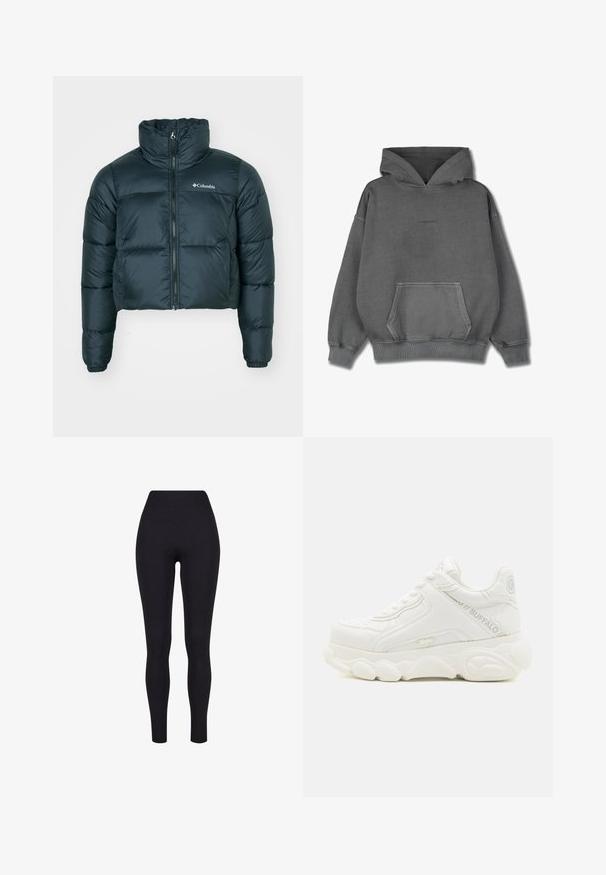 Veste matelassée courte, de couleur vert foncé, avec un col montant, une fermeture éclair complète et des poignets élastiques. Présente un logo sur la poitrine gauche et une texture matelassée.; Pegador CLARITA LOGO OVERSIZED HOODIE - Sweat à capuche - vintage grey grey gum; Leggings noirs taille haute, fabriqués à partir d'un tissu extensible, présentant une texture lisse et un design ajusté sans coutures ni motifs visibles.; Basket blanche épaisse avec semelle épaisse, design à lacets, et marquage "Buffalo" sur le côté et le talon.