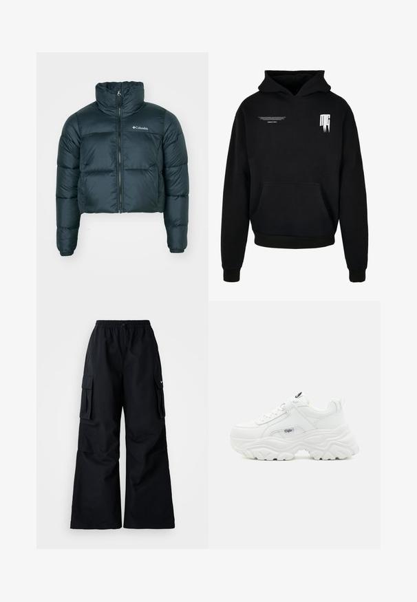 Veste matelassée courte, de couleur vert foncé, avec un col montant, une fermeture éclair complète et des poignets élastiques. Présente un logo sur la poitrine gauche et une texture matelassée.; Sweat à capuche noir avec poche sur le devant, petit texte blanc sur la partie supérieure gauche de la poitrine, et logo stylisé "MG" sur la partie supérieure droite de la poitrine.; Pantalons cargos noirs avec des jambes larges, taille élastique, cordon de serrage ajustable et deux poches latérales. Fabriqués en tissu léger et lisse.; Des sneakers blancs chunky avec un dessus en cuir lisse, un bout rond et une semelle épaisse texturée avec un logo de marque visible sur le côté.