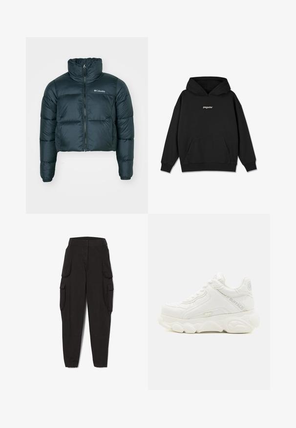 Veste matelassée courte, de couleur vert foncé, avec un col montant, une fermeture éclair complète et des poignets élastiques. Présente un logo sur la poitrine gauche et une texture matelassée.; Haut à capuche noir avec une poche frontale, des poignets et un ourlet côtelés. Présente un logo "pegador" blanc sur la poitrine. Fabriqué en tissu doux.; Pantalon cargo noir avec poignets élastiques et plusieurs poches à rabat sur les côtés, conçu pour un usage décontracté ou utilitaire.; Basket blanche épaisse avec semelle épaisse, design à lacets, et marquage "Buffalo" sur le côté et le talon.