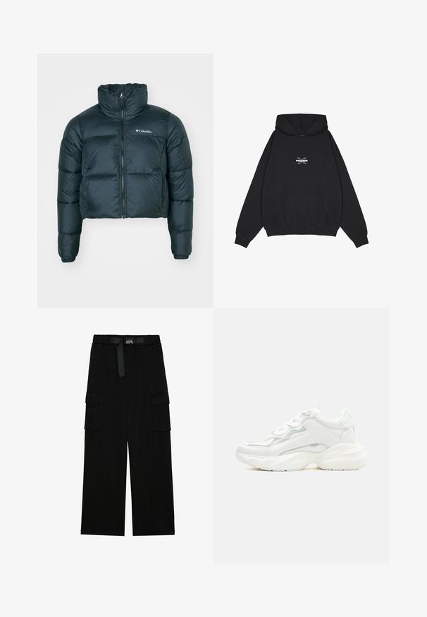 Veste matelassée courte, de couleur vert foncé, avec un col montant, une fermeture éclair complète et des poignets élastiques. Présente un logo sur la poitrine gauche et une texture matelassée.; Pegador BELLY OVERSIZED HOODIE - Sweat à capuche - washed black; Pantalons cargo noirs avec une coupe large, taille élastique avec une ceinture, et deux grandes poches latérales pour le rangement.; Baskets blanches épaisses avec semelle épaisse, fermeture à lacets sur le devant et cuir synthétique lisse avec des détails subtils de couture.