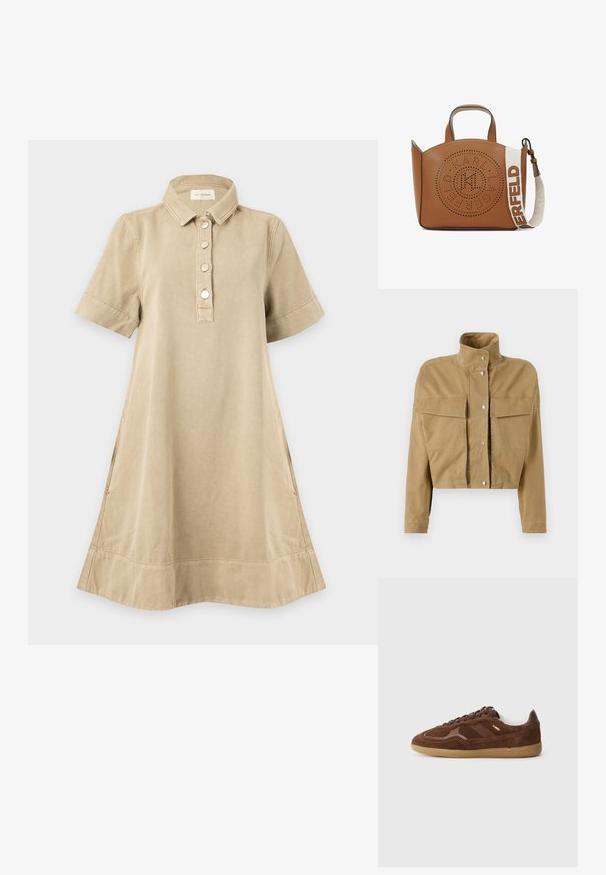 CLOSED SIGNATURE JACKET - Denimová bunda - urban beige; Krátke béžové šaty s golierom, krátkymi rukávmi a štyrmi gombíkmi na prednej légii, s bočnými vreckami a mierne áčkovým strihom.; Hnedé semišové tenisky s textúrovanými prekrytím, plochými hnedými šnúrkami a gumenou podrážkou. Majú biely interiér a jemné branding.; Hnedá kožená taška cez rameno s perforovaným kruhovým dizajnom. Obsahuje dvojité rúčky a odnímateľný popruh s textom "KARL LAGERFELD". Hladká textúra.