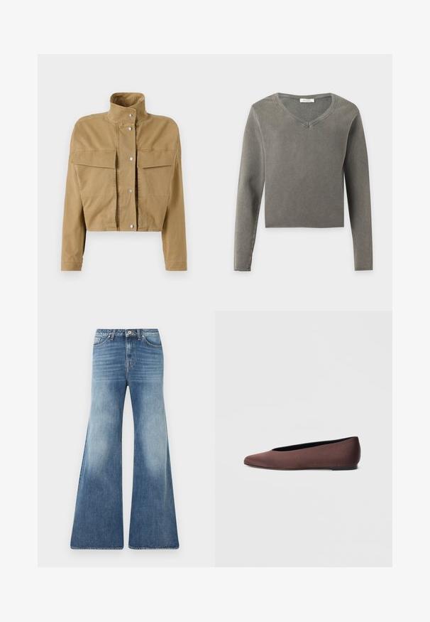 CLOSED SIGNATURE JACKET - Τζιν μπουφάν - urban beige; Μακρυμάνικη κοντή μπλούζα σε αποχρώσεις γκρι-πράσινου με V-λαιμόκοψη και απλή ραφή σε μονόχρωμο φόντο.; Μπλε τζιν παντελόνι με φαρδιά μπατζάκια και ψηλή μέση, ξεθωριασμένο μπροστινό μέρος, σχεδιασμένο με πέντε τσέπες, θηλιές για ζώνη και κούμπωμα με κουμπί, σε λευκό φόντο.; Καφέ υφασμάτινα μπαλαρίνια με μυτερή μύτη και λείο υφή, με χαμηλή πλάτη και λεπτή μαύρη σόλα. Χωρίς ορατά μοτίβα ή μεταλλικά στοιχεία.