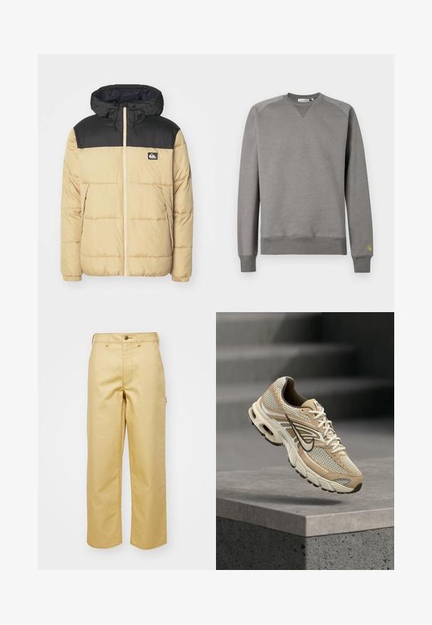 Veste rembourrée avec un corps beige et des épaules noires. Comprend une capuche, une fermeture éclair à l'avant et des poches latérales. Texture douce et motif cousu.; Sweatshirt gris en tissu doux. Comprend des poignets et un ourlet côtelés, un col rond, et un petit logo vert sur la manche gauche.; Pantalons larges beiges en coton avec une fermeture à bouton à l'avant, des passants de ceinture et des poches latérales. Texture lisse avec des détails de coutures visibles.; Chaussure de running Nike beige et blanche avec panneaux en mesh et swoosh noir, flottant au-dessus d'un rebord en béton avec des escaliers flous en arrière-plan.