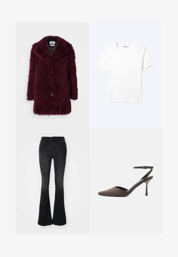 Manteau en fausse fourrure bordeaux avec une texture douce, fermeture à six boutons sur le devant, large col et deux poches avant.; T-shirt blanc uni à manches courtes et col rond avec une petite étiquette "WEEKDAY" à l'intérieur de l'encolure, présenté à plat sur un fond clair.; Jean noir évasé en denim, avec une taille haute, poches frontales, fermeture à bouton et finitions nettes à l'ourlet.; Chaussure à talon haut en daim marron à bout pointu, avec une fine bride de cheville et une boucle argentée sur fond blanc.