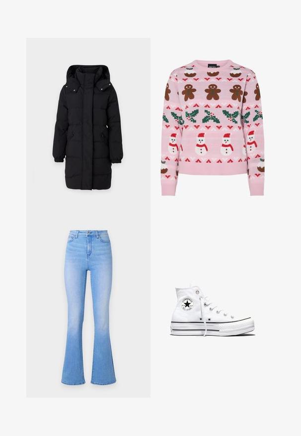 JDY Puffer JDYAJA Puffer - Abrigo de invierno - black; Pieces Christmas PCJOLLY XMAS - Jersey de punto - prism pink; Jeans acampanados de color azul claro con una cintura alta, hechos de mezclilla. Presentan una textura suave y un ligero desvanecimiento hacia el dobladillo. Diseño clásico de cinco bolsillos.; Zapatilla blanca de caña alta Converse Chuck Taylor All Star con parche de logo negro y cordones blancos, presentada sobre fondo blanco.