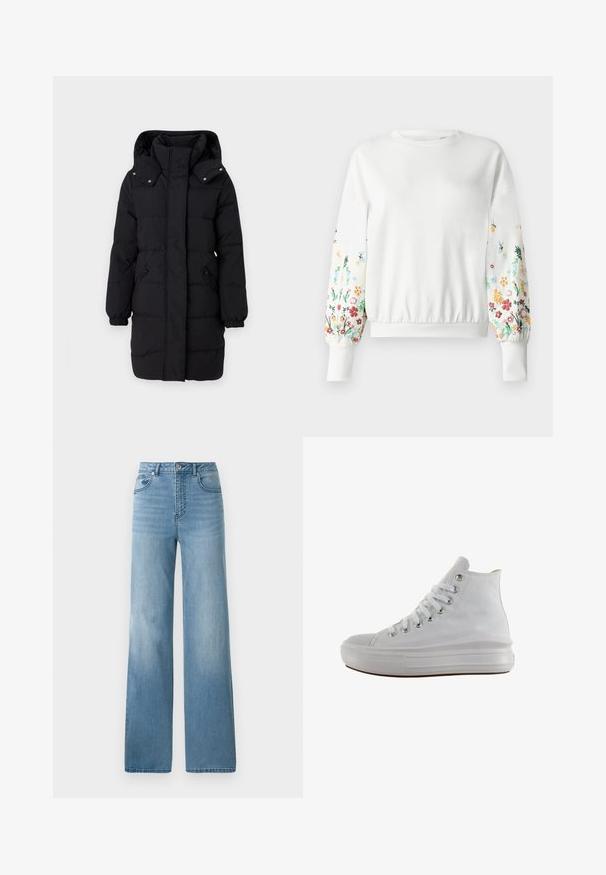 JDY Puffer JDYAJA Puffer - Wintermantel - black; Witte sweatshirt met ronde halslijn en ribgebreide manchetten, voorzien van kleurrijke bloemembroidered langs de mouwen in verschillende tinten.; Lichtblauwe high-waisted jeans met een rechte pasvorm. Gemaakt van denim, met vijf zakken en een knoopsluiting.; Witte hoge canvas sneaker met witte veters, metalen oogjes, dikke rubberen zool en gestructureerde neuskap, naar links gericht op een witte achtergrond.