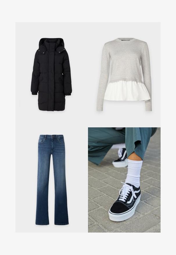 JDY Puffer JDYAJA Puffer - Wintermantel - black; Grijze langärmelige top met een gestructureerde gebreide bovenkant en een zachte witte gelaagde peplumonderkant. Geribbelde halslijn en manchetten.; Blauwe high-waist jeans met rechte pijpen, knoop- en ritssluiting, voor- en achterzakken, getoond op een effen lichte achtergrond.; Zwarte suède sneaker met witte accenten en veters, uitgerust met een dikke witte zool en contrasterende stiksels, gecombineerd met een witte sok.