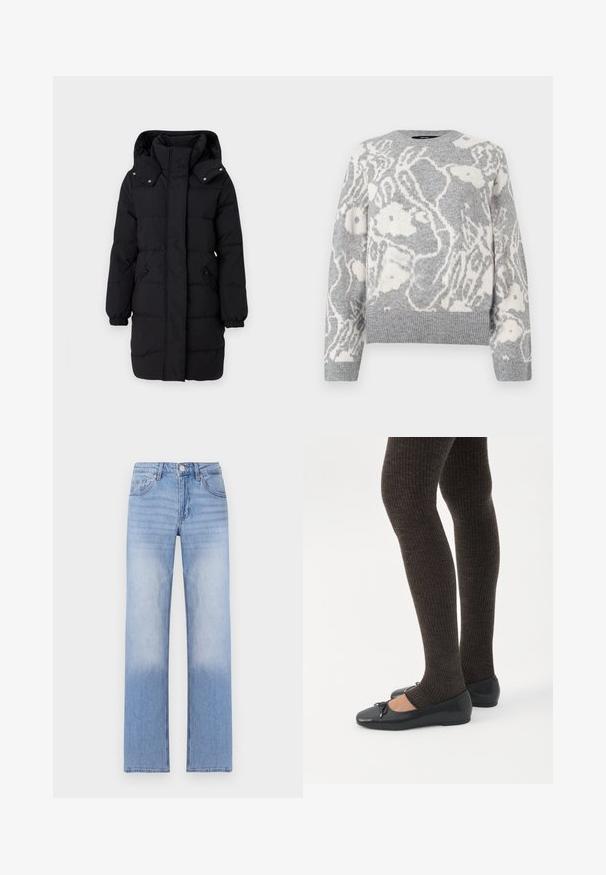 JDY Puffer JDYAJA Puffer - Wintermantel - black; Grauer Strickpullover mit einem weißen Blumenmuster, Rundhalsausschnitt sowie gerippten Bündchen und Saum, gefertigt aus weichem Material.; Hellblaue Denim-Jeans mit geradem Bein, ausgestattet mit einer ausgeblichenen Waschung im unteren Bereich und klassischem Fünf-Taschen-Design.; Beine in dunklen, gerippten Leggings kombiniert mit schwarzen Ballerinas mit kleinen Schleifendetails auf weißem Hintergrund.