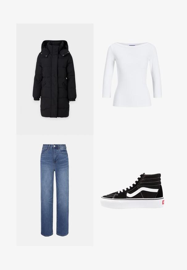 JDY Puffer JDYAJA Puffer - Wintermantel - black; Weißes, geripptes Langarmoberteil mit weitem Ausschnitt. Der Stoff ist glatt, figurbetont und zeichnet sich durch einen sauberen Abschluss an den Bündchen und dem Saum aus.; Hellblaue Jeans aus Denim mit hohem Bund, geradem Bein, Fünf-Taschen-Design und dezenten Verwaschungseffekten im Stoff.; Schwarze High-Top-Sneaker mit weißen Schnürsenkeln, einem weißen Logo und kontrastierendem weißen Nähten. Verfügt über eine dicke weiße Sohle und ein strukturiertes Wildleder-Obermaterial.