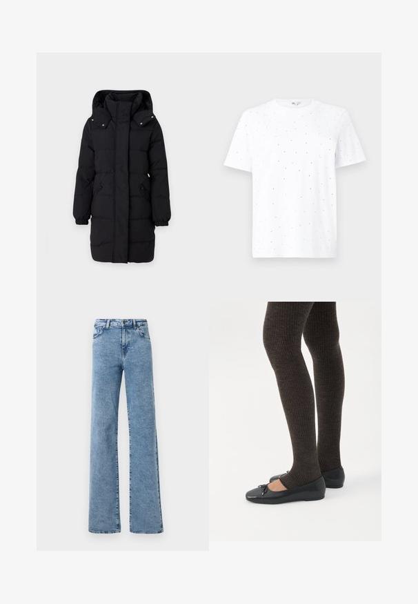 JDY Puffer JDYAJA Puffer - Wintermantel - black; Witte katoenen t-shirt met een ronde hals en korte mouwen, versierd met verspreide zwarte stippen voor extra textuur en detail.; Noisy May Straight fit NMYOLANDA - Wide leg - medium blue denim; Benen met donkere geribbelde leggings gecombineerd met zwarte ballerina's met kleine strikdetails op een witte achtergrond.