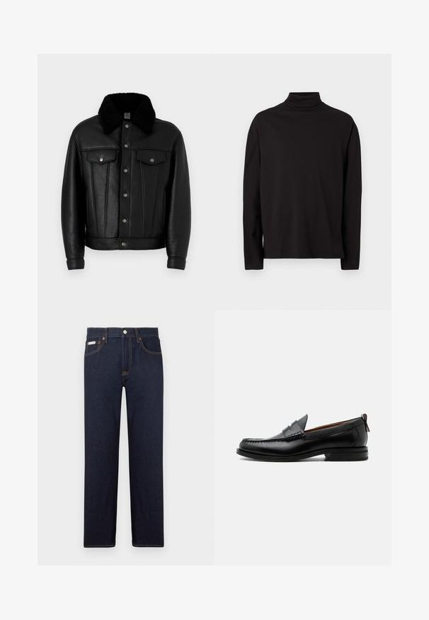 Veste en cuir noir avec un col en fourrure noire, boutons-pression sur le devant et deux poches sur la poitrine. Présente des détails de couture verticaux.; Haut à col roulé noir à manches longues en tissu doux et lisse, avec une coupe décontractée et sans motifs ni accents visibles.; Jean en denim bleu foncé avec une coupe droite, un design classique à cinq poches et des coutures orange contrastantes. Comprend une fermeture à bouton en métal.; Mocassin homme en cuir noir avec couture moc toe, bride penny, col texturé et petit talon empilé sur fond blanc.