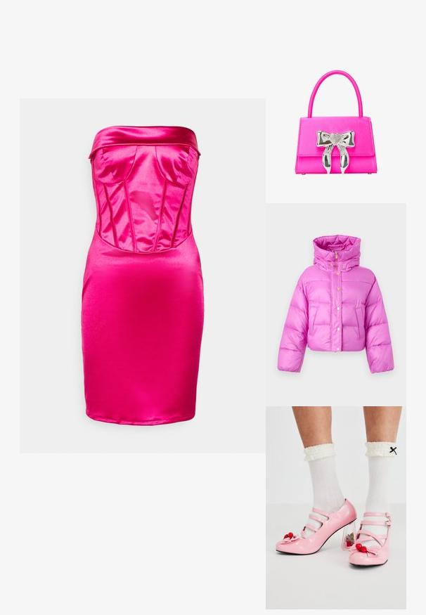 Afskåret lyserød pufferjakke med høj krave, fortil trykknapper og en blank finish; har to sidelommer og en hætte.; WAL G. MILLA CORSET - Cocktailkjole / festkjole - fuchsia; Lyserøde laklæderhæle med rund tå, tre remme og kirsebærpynt. Klart blokhæl med blomsterdekorationer. Hvide ribbede sokker.; Rosa håndtaske med en glat overflade, prydet med en sølvfarvet hjerteformet sløjfe og en struktureret rektangulær form. Sammenklappeligt håndtag.