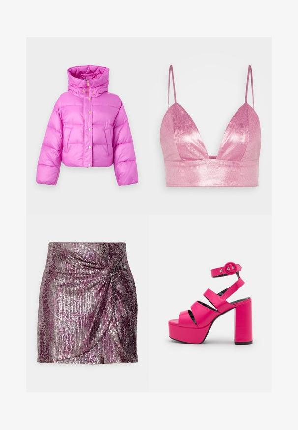 Skraťená ružová puffer bunda s vysokým golierom, prednými patentkami a lesklou textúrou; obsahuje dve bočné vrecká a kapucňu.; Gina Tricot BRALETTE - Top - pink; Sukňa na mini zo štrasov s fialovo-striebornou gradientou, drapovaným predným dizajnom a priliehavým strihom. Hladká textúra a lesklý povrch.; LAMODA MILLIONS - Sandále na platforme - fuchsia