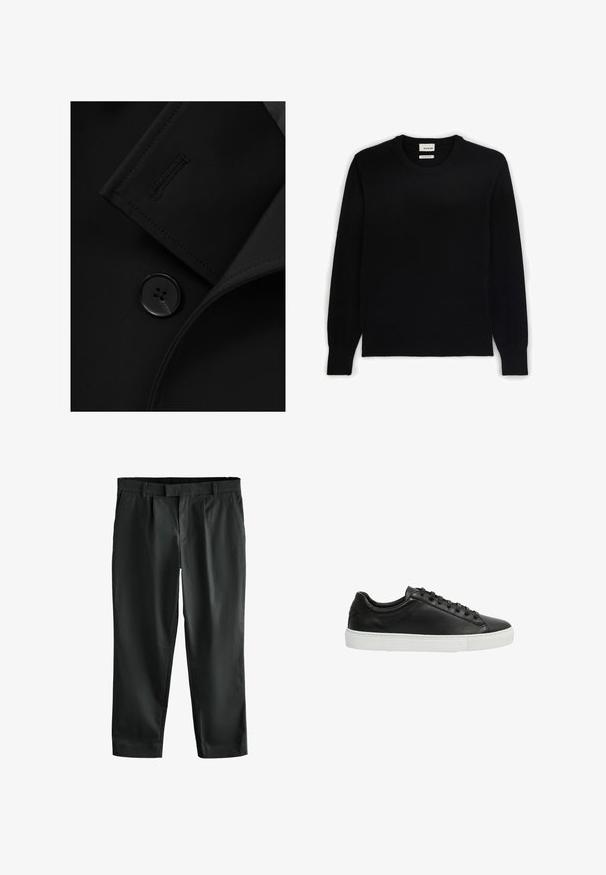 Zwarte blazer met een notch-kraag, opvallende knoopsluiting en subtiele stiksels op de kraagflap. Zachte stoftextuur.; Rodier ROUND NECK - Trui - noir; Zwarte broek met een recht vallend ontwerp, plooien aan de voorkant en een elastische tailleband, gemaakt van soepel, lichtgewicht stof.; Zwarte leren sneakers met een gladde textuur, ronde neus en witte rubberen zool. Beschikt over een vetersluiting en minimalistische accenten.