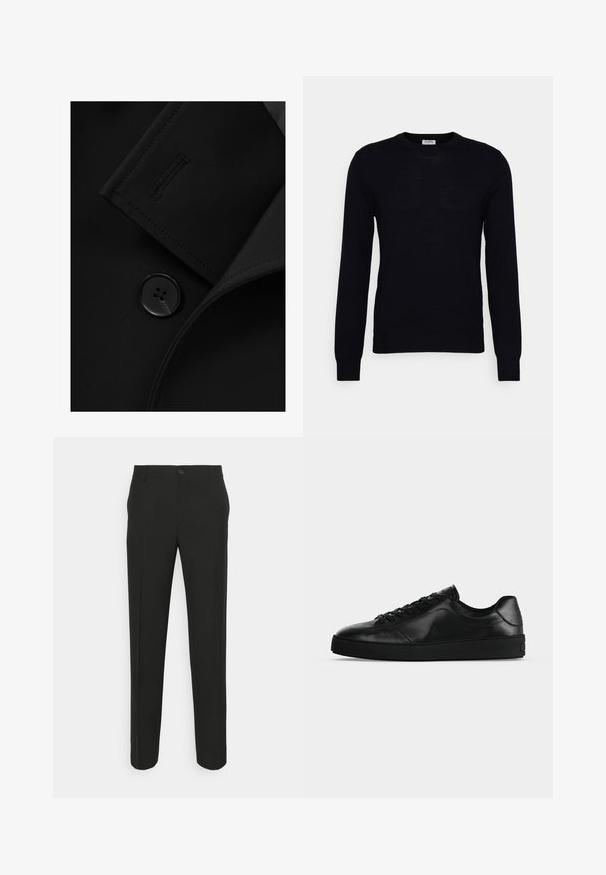 Blazer negro con solapa con muesca, cierre de botón prominente y detalle de costura sutil en la solapa. Textura de tela suave.; Suéter negro de manga larga hecho de un suave material de punto. Escote redondo, puños y dobladillo acanalados. Diseño minimalista sin patrones ni botones visibles.; Pantalones negros ajustados con corte recto, que cuentan con un cierre de un solo botón y trabillas para cinturón. Tejido liso, mate y sin patrones.; Zapatilla de cuero negra de perfil bajo con cordones en la parte delantera y suela plana texturizada, mostrada de lado sobre un fondo neutro.