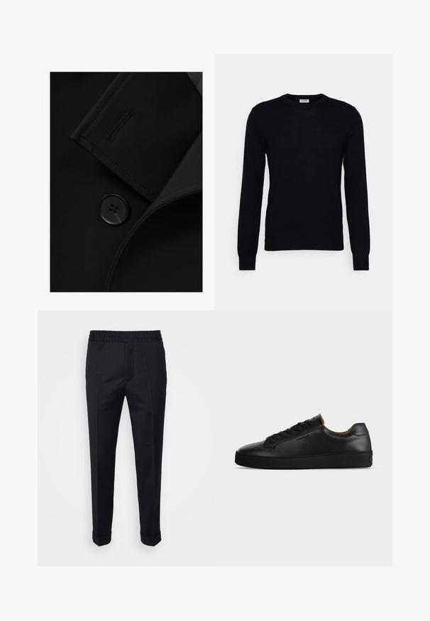 Zwarte blazer met een notch-kraag, opvallende knoopsluiting en subtiele stiksels op de kraagflap. Zachte stoftextuur.; Zwarte lange mouwen trui gemaakt van zacht gebreid materiaal. Ronde halslijn, geribbelde manchetten en zoom. Minimalistisch ontwerp zonder zichtbare patronen of knopen.; Zwarte broek van lichtgewicht stof, met een elastische tailleband, zijzakken en opgerolde mouwen. Soepele textuur met voorplooien.; Zwarte lage leren sneaker met zwarte veters, gestructureerde rubberen zool en klein geperst logo aan de zijkant, zijaanzicht tegen een grijze achtergrond.