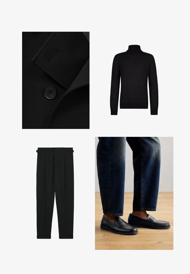 Zwarte blazer met een notch-kraag, opvallende knoopsluiting en subtiele stiksels op de kraagflap. Zachte stoftextuur.; Zwarte langarm coltrui met geribde boorden en zoom, afgebeeld op een effen witte achtergrond.; Reiss REGULAR FIT - COMPLEX HERRINGBONE - Broek - navy; Zwarte leren instappers met gestikte details en textuurelementen, gedragen met donkerdenim, die een casual en gestroomlijnd ontwerp tonen.