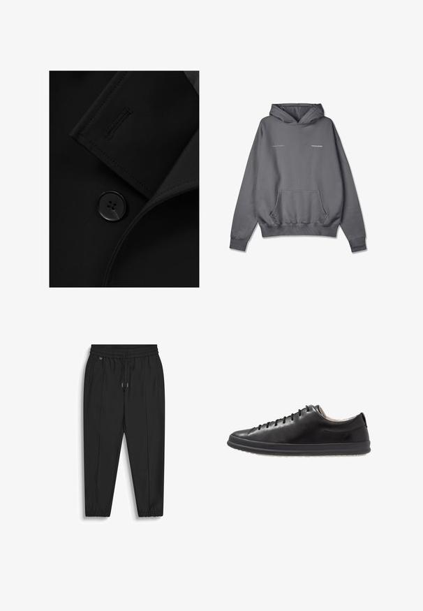 Zwarte blazer met een notch-kraag, opvallende knoopsluiting en subtiele stiksels op de kraagflap. Zachte stoftextuur.; Grijze hoodie met een trekkoord, een voorzak, ribgebreide manchetten en een ribgebreide zoom. Voorzien van de tekst "scent of summer" en "PEGADOR" in contrasterende kleuren.; Zwarte broek met elastische tailleband en trekkoord, zijzakken, taps toelopende pijpen en elastische boorden op een witte achtergrond.; Zwarte leren sneaker met een ronde neus, minimale veters, een gladde textuur en een contrasterende witte rubberen zool. Subtiele merkdetails zichtbaar.