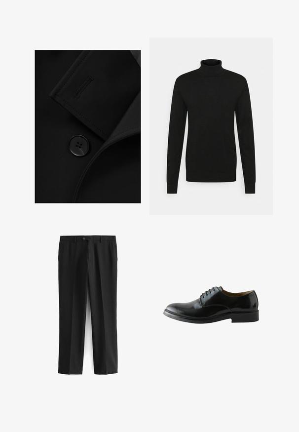 Zwarte blazer met een notch-kraag, opvallende knoopsluiting en subtiele stiksels op de kraagflap. Zachte stoftextuur.; Zwarte coltrui gemaakt van zacht, rekbaar materiaal. Lange mouwen, geribbelde kraag en boorden, en een aansluitende pasvorm.; Next REGULAR FIT - Pantalon - black; Zwarte gepolijste leren herenjesschoen met gesloten vetersluiting en een lage gestapelde hak, zijaanzicht op een witte achtergrond.