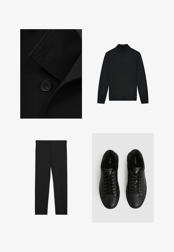 Sort blazer med et notch-krave, fremtrædende knaplukning og subtile syninger på kraveflappen. Glat stoftekstur.; Sort turtleneck sweater lavet af blødt materiale, med lange ærmer og en tætsiddende krave. Minimalistisk design uden synlige mønstre.; Svarte bukser med lige ben, sidelommer og knapdetaljer ved linningen, vist fladt mod en hvid baggrund.; Sorte lædersneakers med en glat overflade, der har en rund tå, seks-hullers snørresystem og en lavprofil gummisko.