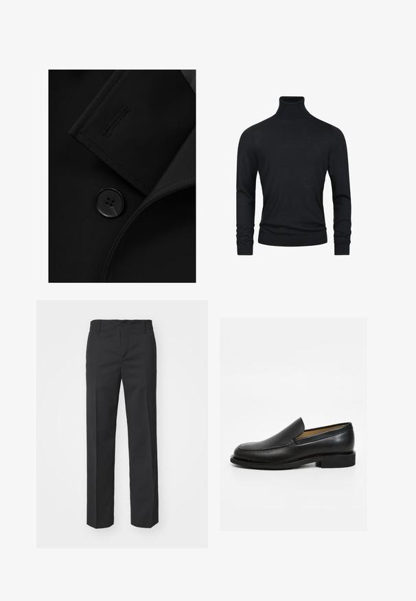 Blazer negro con solapa con muesca, cierre de botón prominente y detalle de costura sutil en la solapa. Textura de tela suave.; Suéter de cuello alto negro con mangas largas, hecho de un tejido de punto suave, que presenta puños y dobladillo acanalados para un aspecto ajustado.; Filippa K TROY TROUSERS - Pantalones - black; Mocasines de cuero negro con acabado liso, punta redondeada, costuras decorativas y tacón bajo cuadrado.