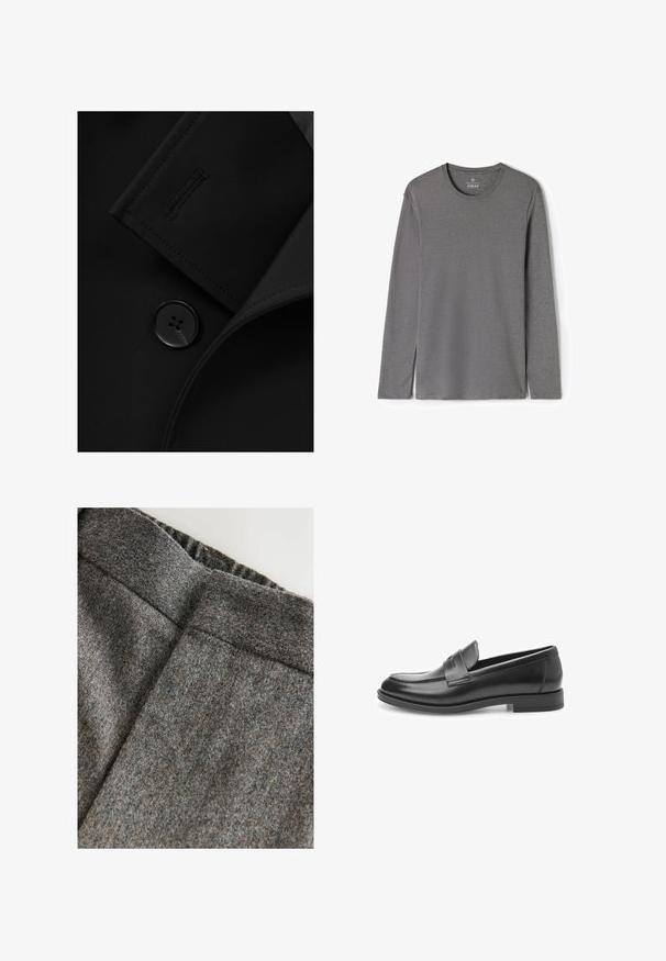 Blazer negro con solapa con muesca, cierre de botón prominente y detalle de costura sutil en la solapa. Textura de tela suave.; Camiseta gris lisa de manga larga y cuello redondo, extendida plana, mostrando la vista frontal con un diseño sencillo y sin patrones o logotipos visibles.; Pantalones de mezcla de lana gris con una textura suave, con una cinturilla ancha y un corte limpio y clásico. Presentan sutiles motas de color.; Mocasines de cuero negro con un acabado suave, punta redondeada y una correa decorativa en la parte frontal. Suela de goma plana, diseño clásico.