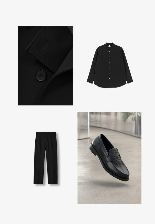 Blazer negro con solapa con muesca, cierre de botón prominente y detalle de costura sutil en la solapa. Textura de tela suave.; Camisa negra de manga larga con botones, cuello mandarín y un bolsillo en el pecho, extendida sobre un fondo blanco.; Pantalones negros de pierna recta con pliegues delanteros, cintura con botones y bolsillos laterales sobre fondo blanco liso.; Mocasín de cuero negro con textura suave, punta puntiaguda y una correa decorativa a lo largo del empeine. Suela ligera, diseño minimalista.