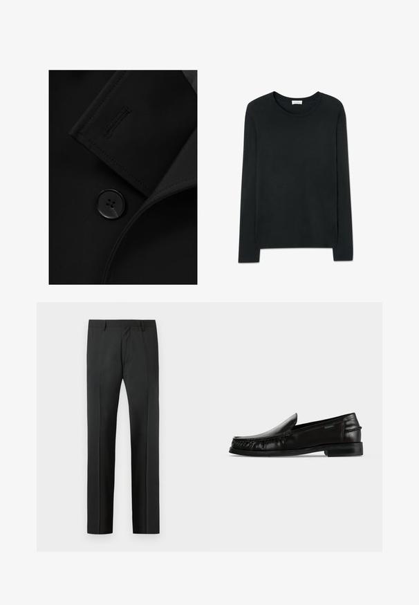 Blazer negro con solapa con muesca, cierre de botón prominente y detalle de costura sutil en la solapa. Textura de tela suave.; Camisa negra de manga larga hecha de suave material de algodón. Presenta un cuello redondo y un corte recto sin patrones ni adornos.; Pantalones de vestir negros a medida con trabillas para cinturón y pliegue frontal, mostrados sobre un fondo gris claro.; Mocasín de cuero negro sin cordones con detalle trenzado a lo largo de los lados y tacón bajo sobre un fondo blanco liso.