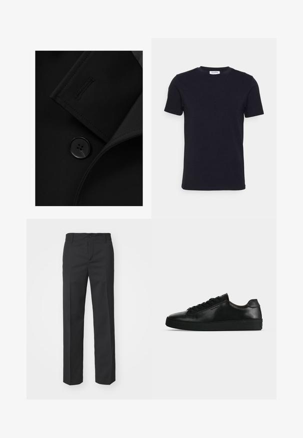 Blazer negro con solapa con muesca, cierre de botón prominente y detalle de costura sutil en la solapa. Textura de tela suave.; Camiseta negra de manga corta con cuello redondo, con una pequeña etiqueta blanca en el interior del cuello.; Filippa K TROY TROUSERS - Pantalones - black; Zapatilla de cuero negra de perfil bajo con cordones negros y una suela negra gruesa, mostrada de lado sobre un fondo gris claro.