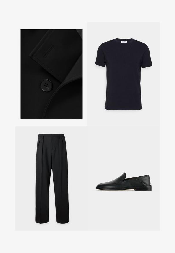 Blazer negro con solapa con muesca, cierre de botón prominente y detalle de costura sutil en la solapa. Textura de tela suave.; Camiseta negra de manga corta con cuello redondo, con una pequeña etiqueta blanca en el interior del cuello.; Pantalones formales negros con pliegues, trabillas para cinturón y cierre de botón en la cintura, exhibidos sobre un fondo claro y liso.; Mocasín de cuero negro sin cordones con tacón bajo y puntera redondeada, mostrado sobre un fondo blanco liso.