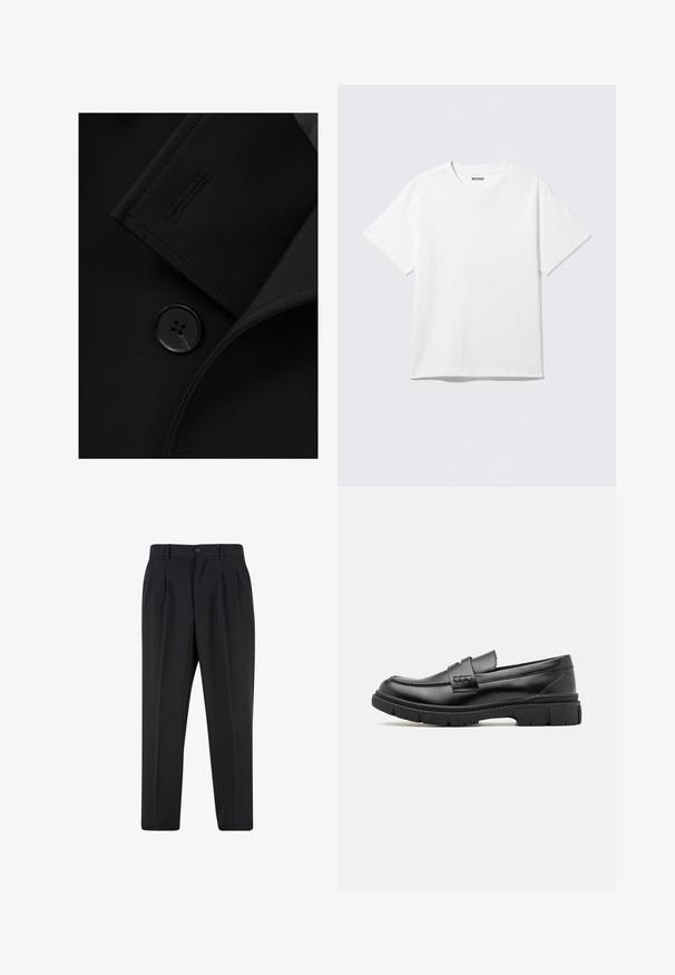 Blazer negro con solapa con muesca, cierre de botón prominente y detalle de costura sutil en la solapa. Textura de tela suave.; Camiseta blanca de manga corta con cuello redondo, colocada plana, diseño liso, con etiqueta "WEEKDAY" en el interior del cuello sobre un fondo claro.; Pantalones negros a medida con pliegues delanteros, trabillas para cinturón y cierre con botón en la cintura.; Mocasin de cuero negro con una cinta ancha en el empeine, suela de goma con tacos gruesos y textura suave. Diseño clásico y elegante.