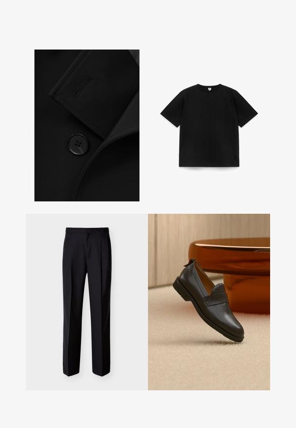 Blazer negro con solapa con muesca, cierre de botón prominente y detalle de costura sutil en la solapa. Textura de tela suave.; Camiseta negra de manga corta con cuello redondo, plana sobre un fondo blanco, mostrando la vista frontal sin logotipos ni diseños visibles.; Pantalones negros hechos a medida con corte recto, pinzas delanteras y bolsillos laterales. Elaborados con una tela suave y ligera con un patrón sólido.; Mocasín de cuero negro con tacón bajo flotando sobre una alfombra beige, junto a una mesa brillante de color ámbar en una habitación minimalista.