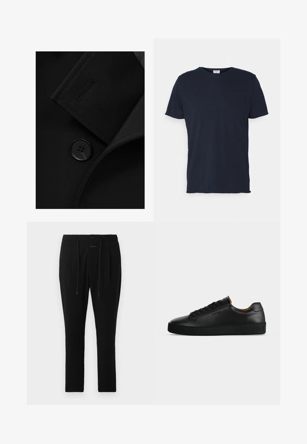 Blazer negro con solapa con muesca, cierre de botón prominente y detalle de costura sutil en la solapa. Textura de tela suave.; Camiseta de algodón azul marino con cuello redondo y mangas cortas, de textura suave y diseño simple, sin patrones ni acentos visibles.; CLOSED VIGO TAPERED - Pantalones chinos - dark night; Zapatilla negra de piel de corte bajo con cordones negros, suela de goma texturizada y pequeño logo en relieve en el lateral, mostrada de perfil sobre fondo gris.