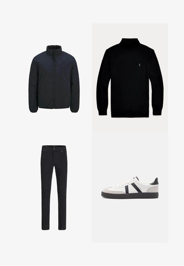 Veste isolante noire avec un col haut, une fermeture éclair à l'avant et des poignets élastiques. Texture de surface lisse, conception légère. Une poche poitrine.; Pull noir à col roulé manches longues avec un petit logo blanc brodé sur la poitrine gauche, présenté sur un fond clair uni.; Jean slim noir avec fermeture avant par bouton et zip, design cinq poches et passants de ceinture.; Baskets blanches avec des accents noirs et gris, présentant un embout texturé gris, une semelle en caoutchouc noir et des lacets plats blancs. Design épuré, style minimaliste.