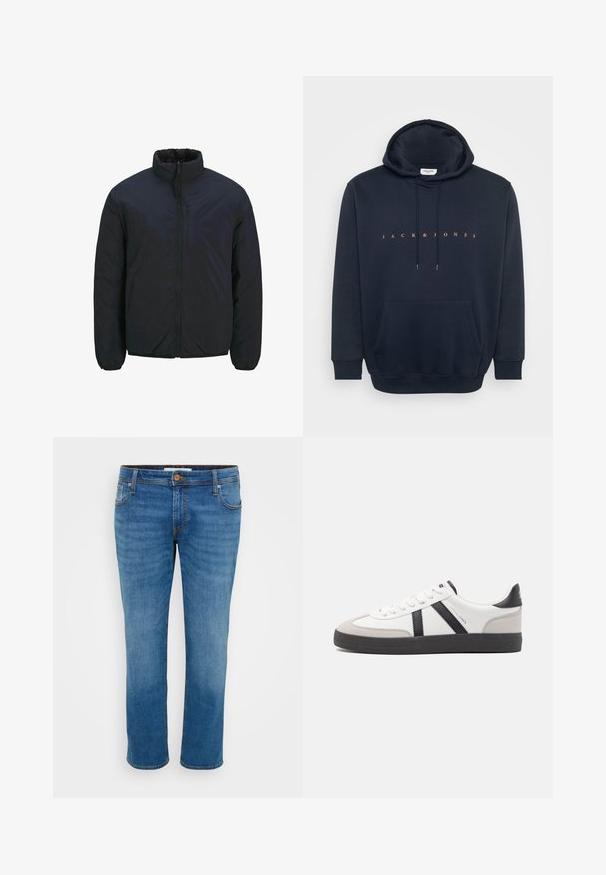 Veste isolante noire avec un col haut, une fermeture éclair à l'avant et des poignets élastiques. Texture de surface lisse, conception légère. Une poche poitrine.; Hoodie bleu marine en tissu doux, avec une poche kangourou et un capuchon à cordon. Inscription "JACK & JONES" en orange sur la poitrine.; Jean en denim bleu avec une coupe droite, cinq poches et des coutures contrastées. Il dispose d'une fermeture à bouton et de passants de ceinture le long de la taille.; Baskets blanches avec des accents noirs et gris, présentant un embout texturé gris, une semelle en caoutchouc noir et des lacets plats blancs. Design épuré, style minimaliste.