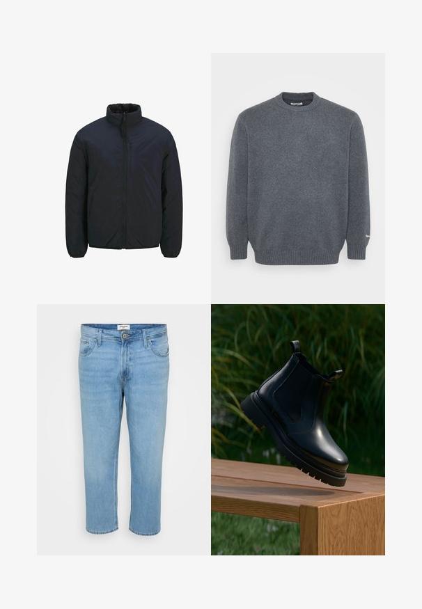 Veste isolante noire avec un col haut, une fermeture éclair à l'avant et des poignets élastiques. Texture de surface lisse, conception légère. Une poche poitrine.; Pull en laine gris foncé à col rond, avec des poignets et un ourlet côtelés, texture tricotée unie, et petit logo blanc sur le poignet gauche.; Jeans en denim bleu clair avec une coupe décontractée, un design à cinq poches, une fermeture à bouton et des détails de couture visibles.; Bottine Chelsea en cuir noir avec un bout arrondi, une semelle en caoutchouc épaisse et des panneaux élastiques sur les côtés, exposée sur une surface en bois avec de la verdure en arrière-plan.