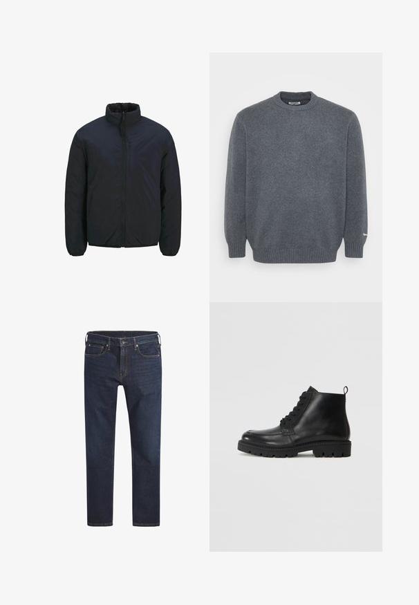 Veste isolante noire avec un col haut, une fermeture éclair à l'avant et des poignets élastiques. Texture de surface lisse, conception légère. Une poche poitrine.; Pull en laine gris foncé à col rond, avec des poignets et un ourlet côtelés, texture tricotée unie, et petit logo blanc sur le poignet gauche.; Jeans en denim bleu foncé avec une coupe droite, un design à cinq poches et un bouton métallique de fermeture. Présente des coutures contrastantes sur l'ensemble.; Bottines en cuir noir à bout rond, avec des lacets à l'avant et une semelle en caoutchouc texturée. Comprend une languette à l'arrière pour un enfilage facile.