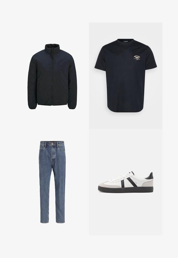 Veste isolante noire avec un col haut, une fermeture éclair à l'avant et des poignets élastiques. Texture de surface lisse, conception légère. Une poche poitrine.; T-shirt en coton noir à manches courtes, col rond et petit logo brodé blanc sur la poitrine gauche. Textura lisse, design décontracté.; Jean en denim bleu clair avec cinq poches, jambes droites, fermeture par boutons et passants de ceinture, présenté sur un fond uni.; Baskets blanches avec des accents noirs et gris, présentant un embout texturé gris, une semelle en caoutchouc noir et des lacets plats blancs. Design épuré, style minimaliste.