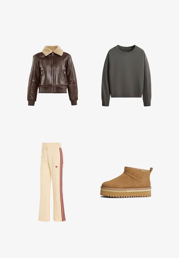 Veste bomber en cuir marron avec un col en fourrure beige, des poignets à côtes, deux poches latérales zippées et une fermeture éclair à l'avant.; Sweat-shirt gris foncé à manches longues et col rond, avec poignets, ourlet et encolure côtelés, présenté sur un fond blanc.; Pantalon en maille crème avec logo rouge Adidas et trois bandes rouges sur le côté, doté d'une taille à cordon et d'un motif texturé.; Bottines en suède marron avec un bout rond, présentant une épaisse semelle plateforme et une semelle extérieure en caoutchouc texturé. Couture décorative visible.