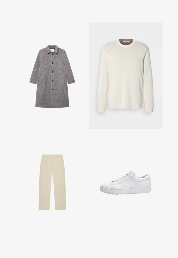 Manteau en chevron gris avec col, fermeture à bouton sur le devant et deux poches latérales. Dispose de manches longues et d'une coupe mi-longue.; Pull-over crème clair avec un col rond, des manches longues et une texture en maille lisse. Présente un col contrastant marron.; Pantalon beige à jambes droites avec plis sur le devant, poches latérales, passants de ceinture et fermeture par bouton à la taille.; Baskets basses en cuir blanc avec une semelle épaisse, une fermeture à lacets et des détails de couture minimalistes, présentées de profil sur un fond blanc.