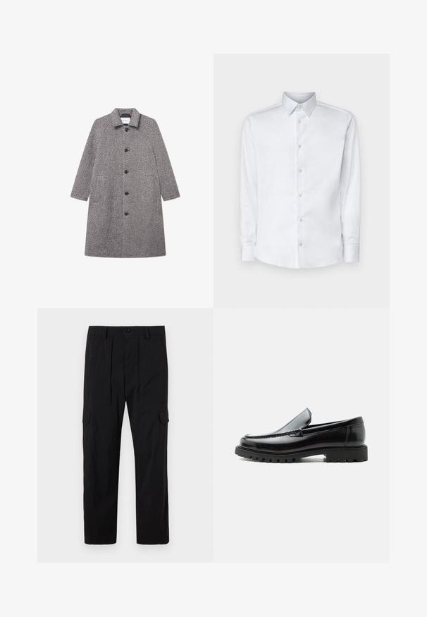 Manteau en chevron gris avec col, fermeture à bouton sur le devant et deux poches latérales. Dispose de manches longues et d'une coupe mi-longue.; Chemise blanche à manches longues en tissu lisse, dotée d'un col classique, d'une patte de boutonnage et de poignets avec boutons, présentée sur un fond uni.; Pantalons cargo noirs en tissu léger, avec une coupe droite, des pliures avant, des poches latérales et une fermeture à bouton.; Mocassin en cuir noir avec semelle en caoutchouc épaisse, dessus cousu et nom de marque embossé sur le talon, présenté de profil sur fond blanc.