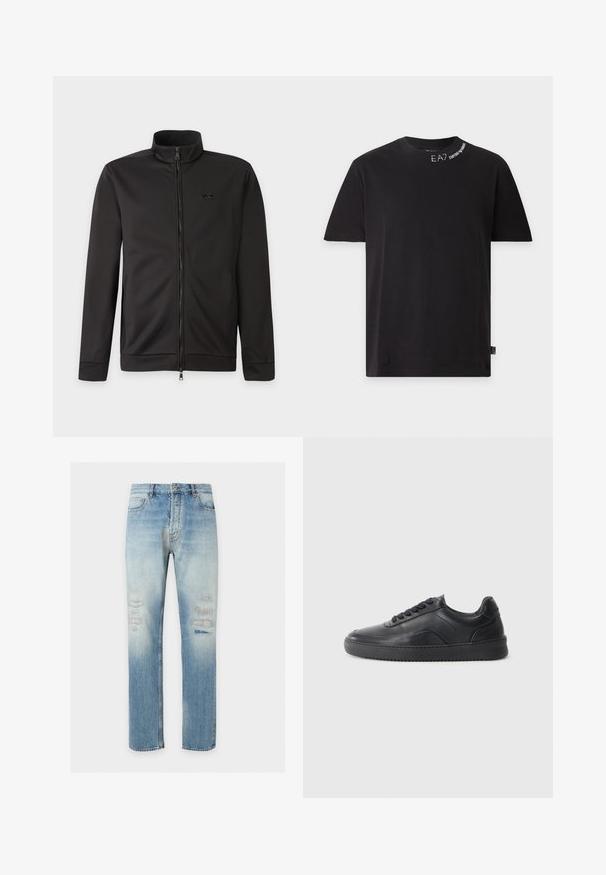 Veste noire zippée intégralement avec col montant, manches longues, poches latérales et petit logo sur la poitrine gauche.; T-shirt noir à manches courtes avec col rond et texte blanc "EA7 Emporio Armani" près de l'encolure, avec une petite étiquette logo sur l'ourlet latéral.; Jean bleu clair coupe droite avec des détails subtils délavés et usés sur l'avant des cuisses, style classique cinq poches, fermeture par bouton.; Chaussure de sport en cuir noir avec une finition lisse, bout arrondi, panneau latéral texturé et lacets noirs. Présente une semelle en caoutchouc plate et un design minimaliste.