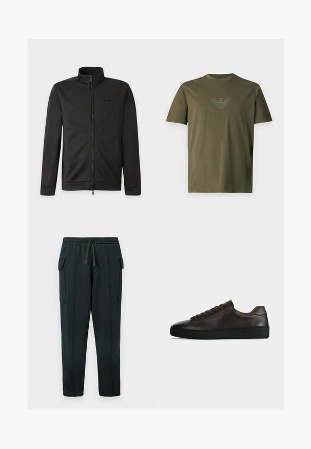 Veste noire zippée intégralement avec col montant, manches longues, poches latérales et petit logo sur la poitrine gauche.; T-shirt uni vert olive à manches courtes avec un col rond et un logo aigle brillant subtil centré sur la poitrine.; Pantalon de survêtement noir avec taille à cordon, poches latérales, détail poche cargo et coutures visibles. Tissu doux avec une coupe décontractée.; Baskets basses en cuir marron foncé avec semelle en caoutchouc noire, lacets à l'avant et design minimaliste épuré sur fond clair.