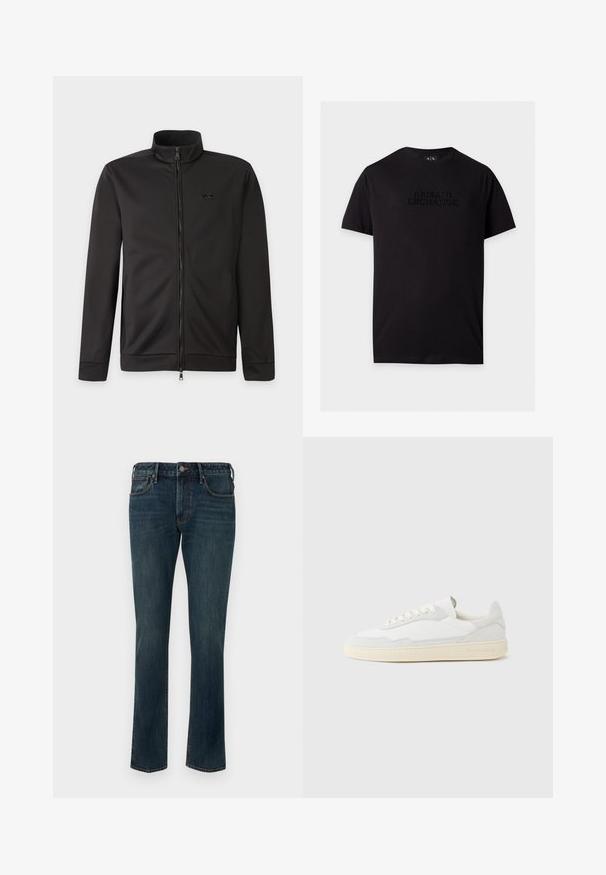 Veste noire zippée intégralement avec col montant, manches longues, poches latérales et petit logo sur la poitrine gauche.; T-shirt noir en coton à manches courtes avec col rond et texte embossé "Armani Exchange" centré sur la poitrine.; Jean en denim droit bleu foncé avec fermeture à bouton et à glissière, poches avant et arrière, et un léger délavage sur les cuisses.; Baskets blanches avec dessus en daim et cuir texturé. Caractérisées par un bout arrondi, une fermeture à lacets et une semelle en caoutchouc beige contrastante.