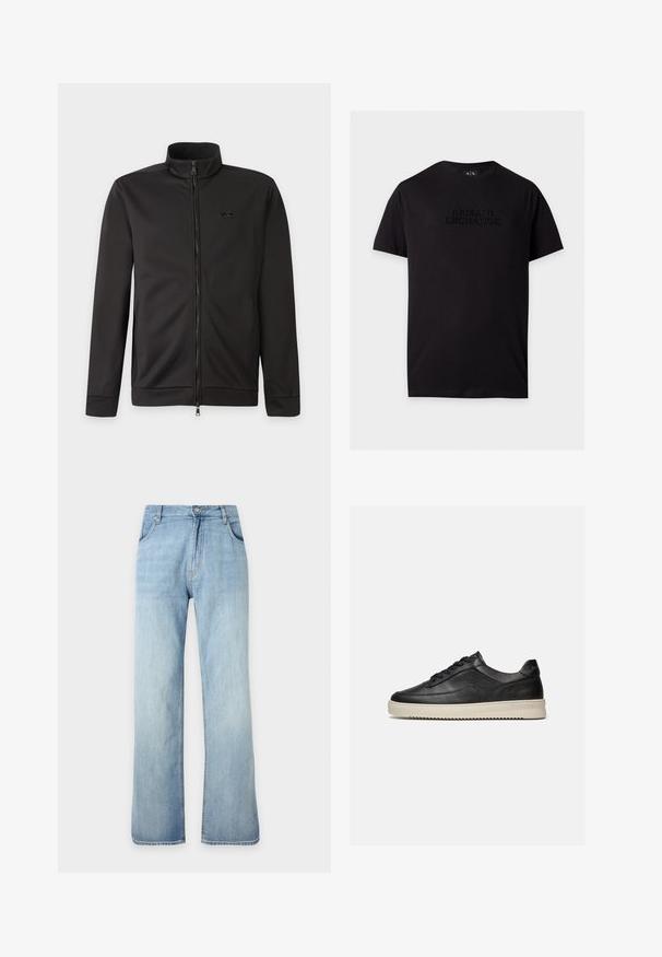 Veste noire zippée intégralement avec col montant, manches longues, poches latérales et petit logo sur la poitrine gauche.; T-shirt noir en coton à manches courtes avec col rond et texte embossé "Armani Exchange" centré sur la poitrine.; Jean denim bleu clair à coupe droite avec fermeture avant à boutons et zip, poches avant et passants de ceinture, présenté sur un fond uni.; Baskets basses en cuir noir avec des lacets noirs et une semelle en caoutchouc épaisse de couleur crème, présentées sur un fond blanc.