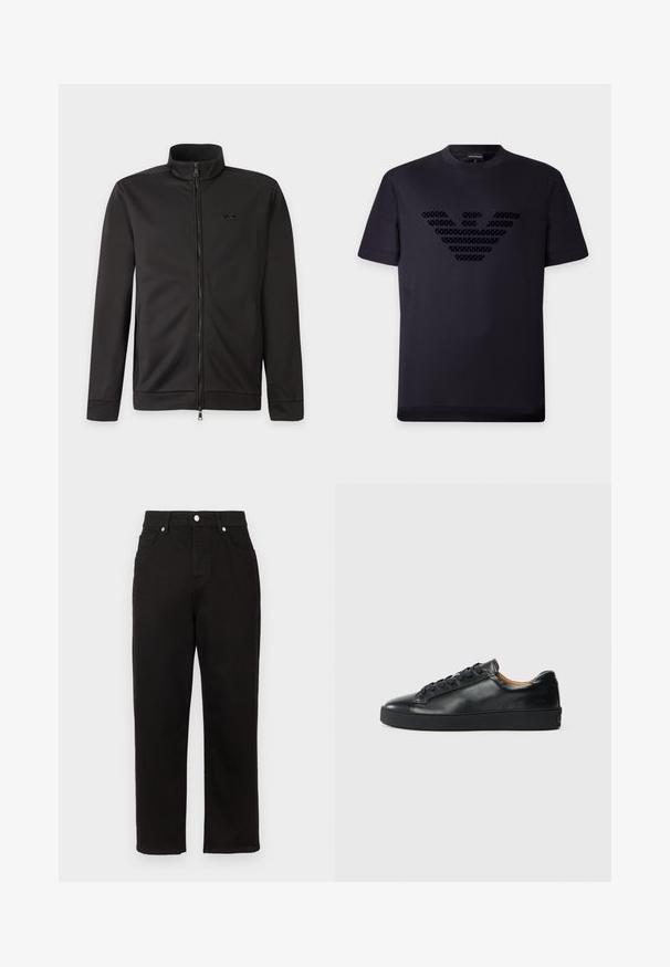 Veste noire zippée intégralement avec col montant, manches longues, poches latérales et petit logo sur la poitrine gauche.; T-shirt noir à manches courtes col rond avec un grand logo d'aigle en relief composé de petits motifs sur la poitrine.; Pantalon en denim noir avec une coupe droite, présentant une taille haute, des poches frontales et des garnitures en métal argenté au niveau de la ceinture.; Baskets en cuir noir avec une texture lisse, bout rond et fermeture à lacets. Comprend une semelle en caoutchouc épaisse et un minimum de détails de marque.